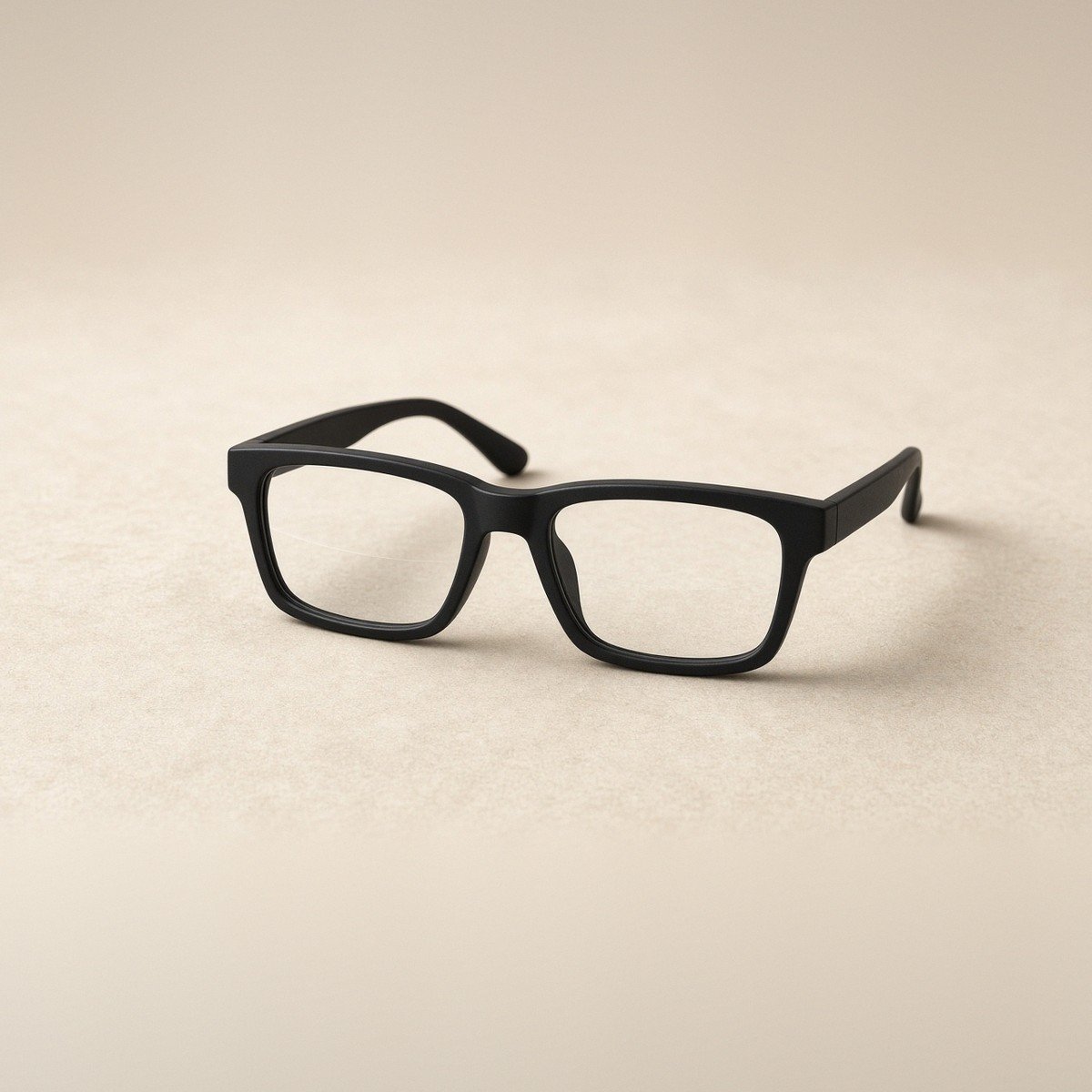 Matte black multifocal readers — full frame, studio light.